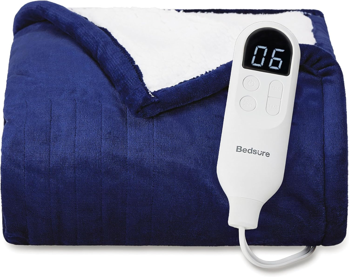 Heated Blanket Throw, Soft Electric Blanket with Preheat, Navy